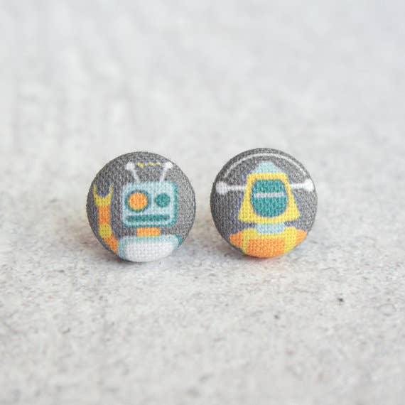 Robot Fabric Button Earrings