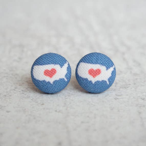 USA Heart, Fabric Button Earrings