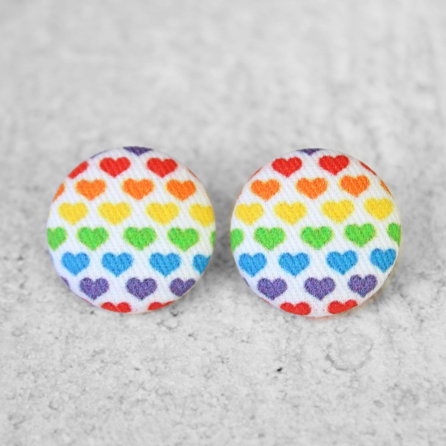 Bold 7/8 Inch Rainbow Hearts Fabric Button Earrings