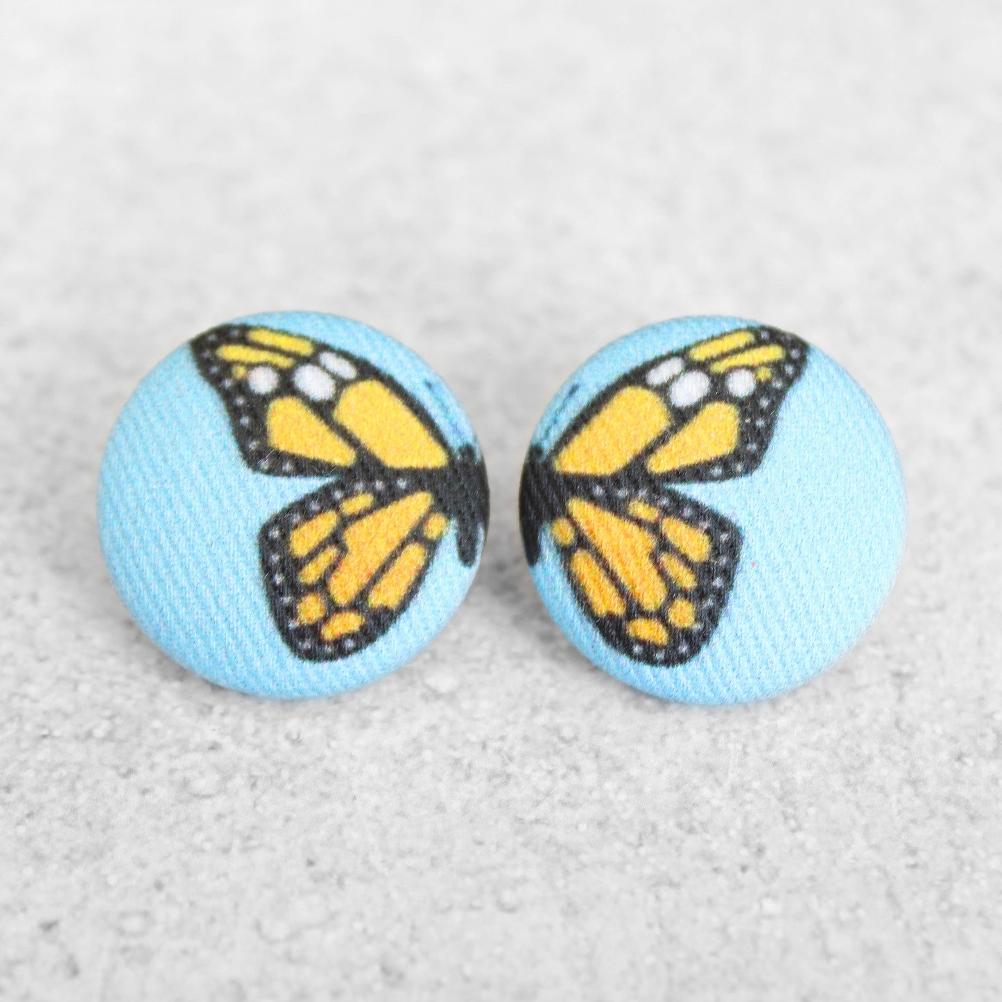 Bold 7/8 Inch Monarch Butterfly Fabric Button Earrings