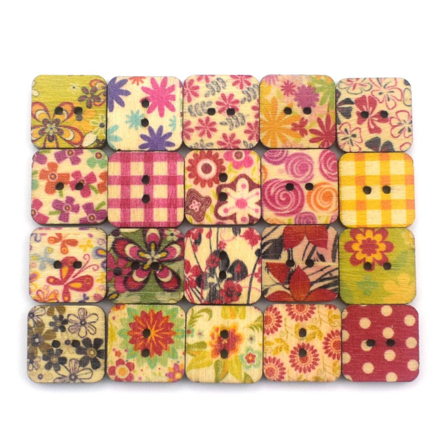 Mix Of Colorful Square Buttons, Wooden Square Floral Buttons
