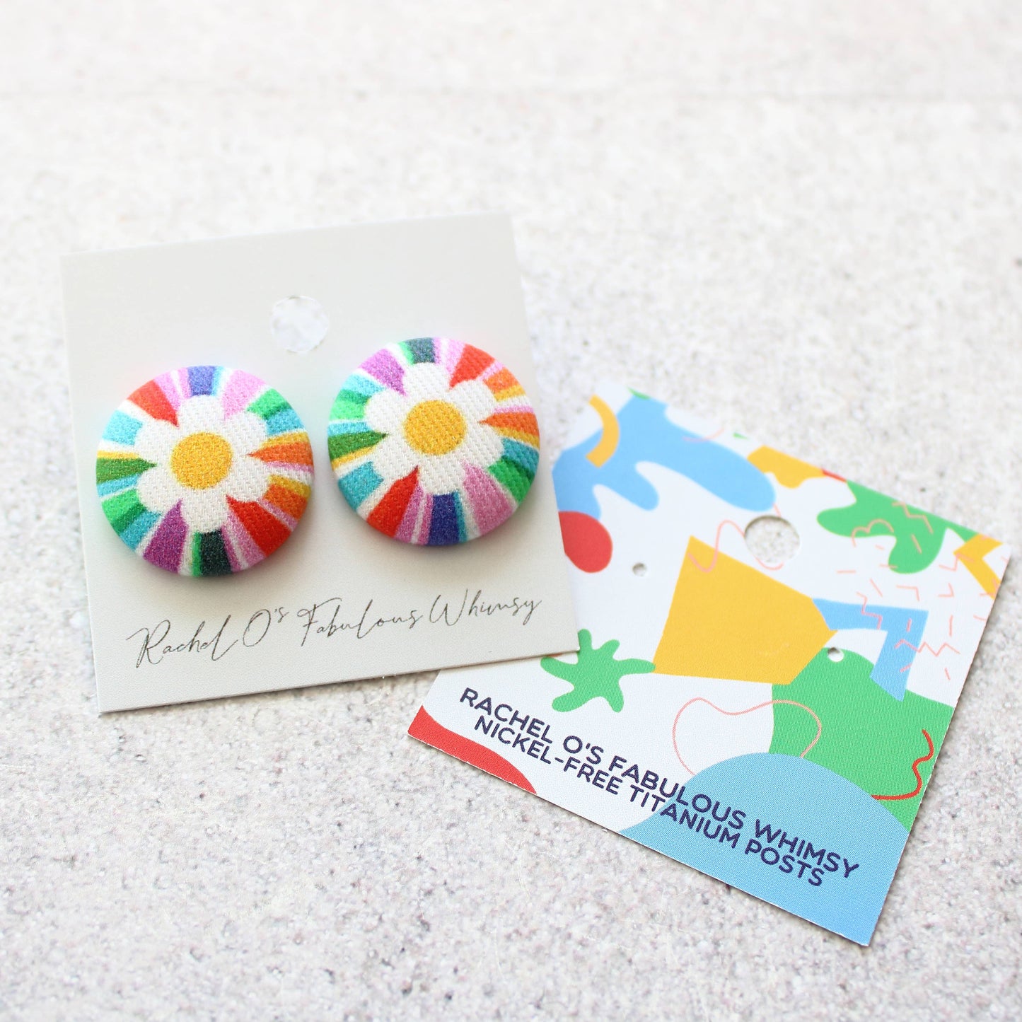 Bold 7/8 Inch Blue Rectangles Fabric Button Earrings
