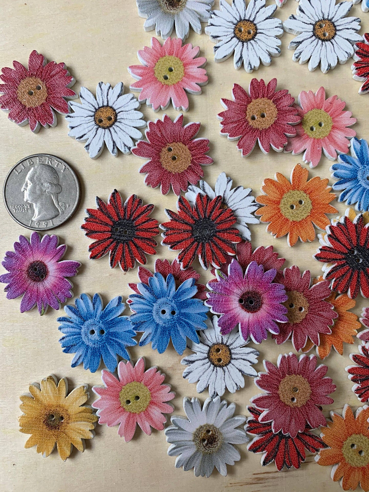 Wooden Buttons, 1 Inch, Daisy Buttons, Assorted Styles, Craf