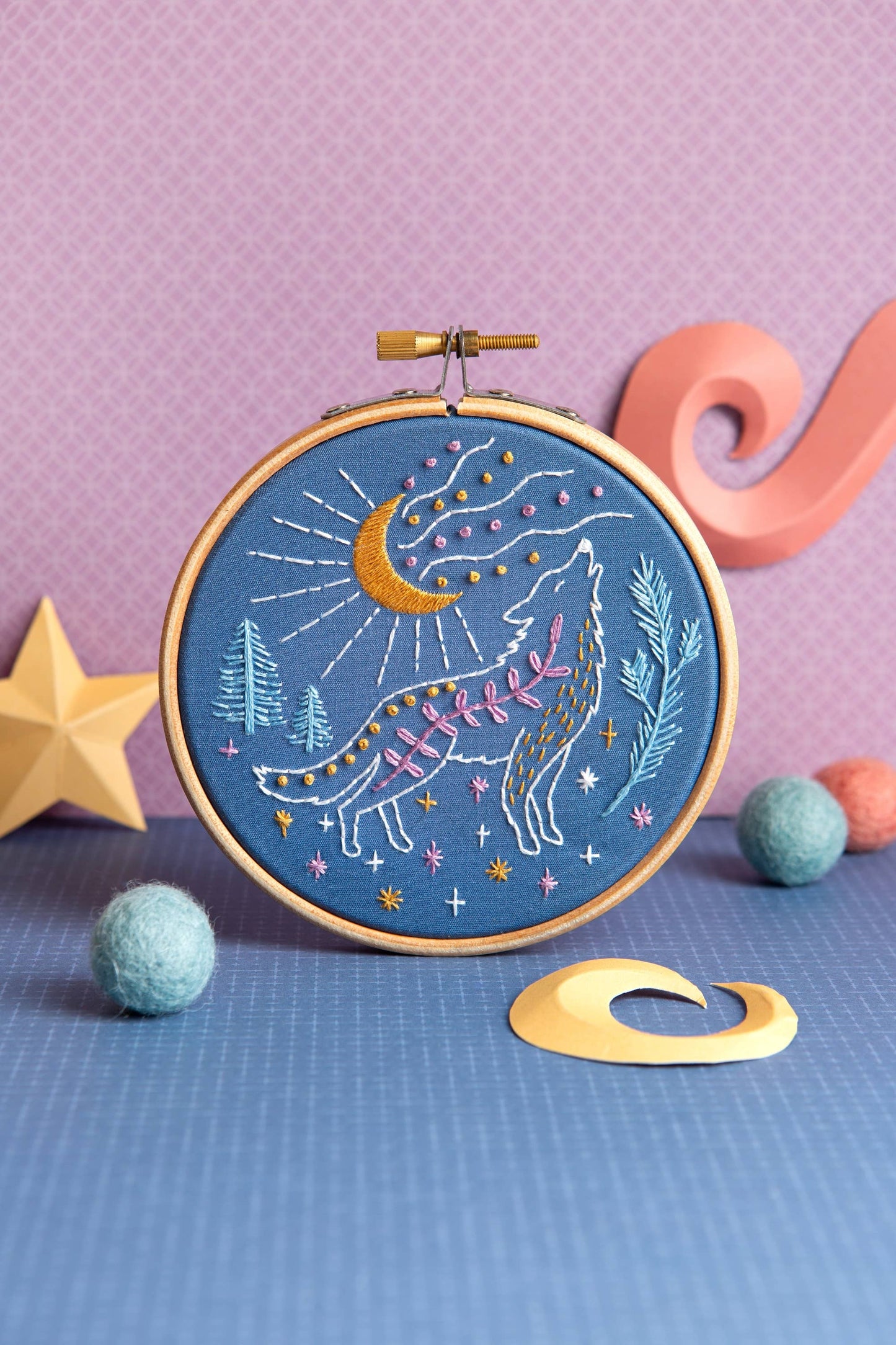 Celestial Wolf Mini Embroidery Kit | Complete Craft Kit for Beginners