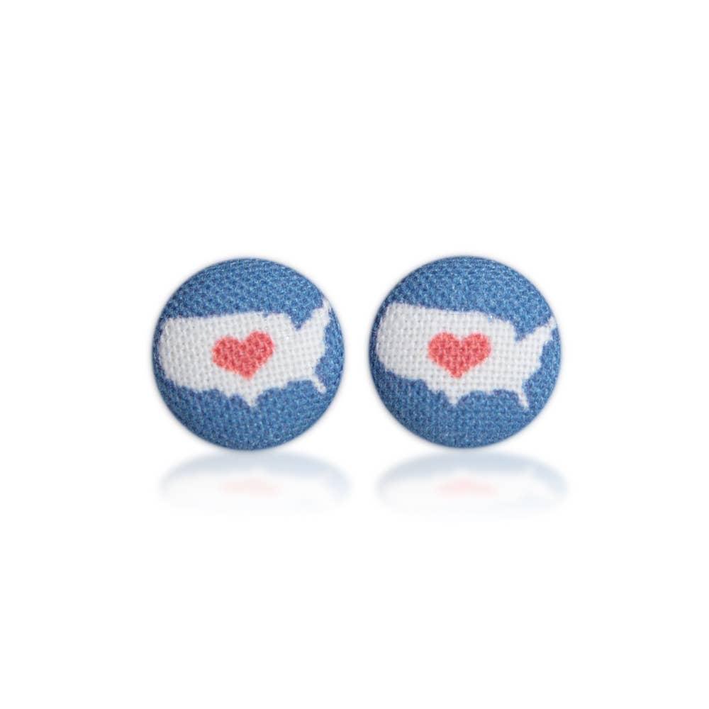USA Heart, Fabric Button Earrings