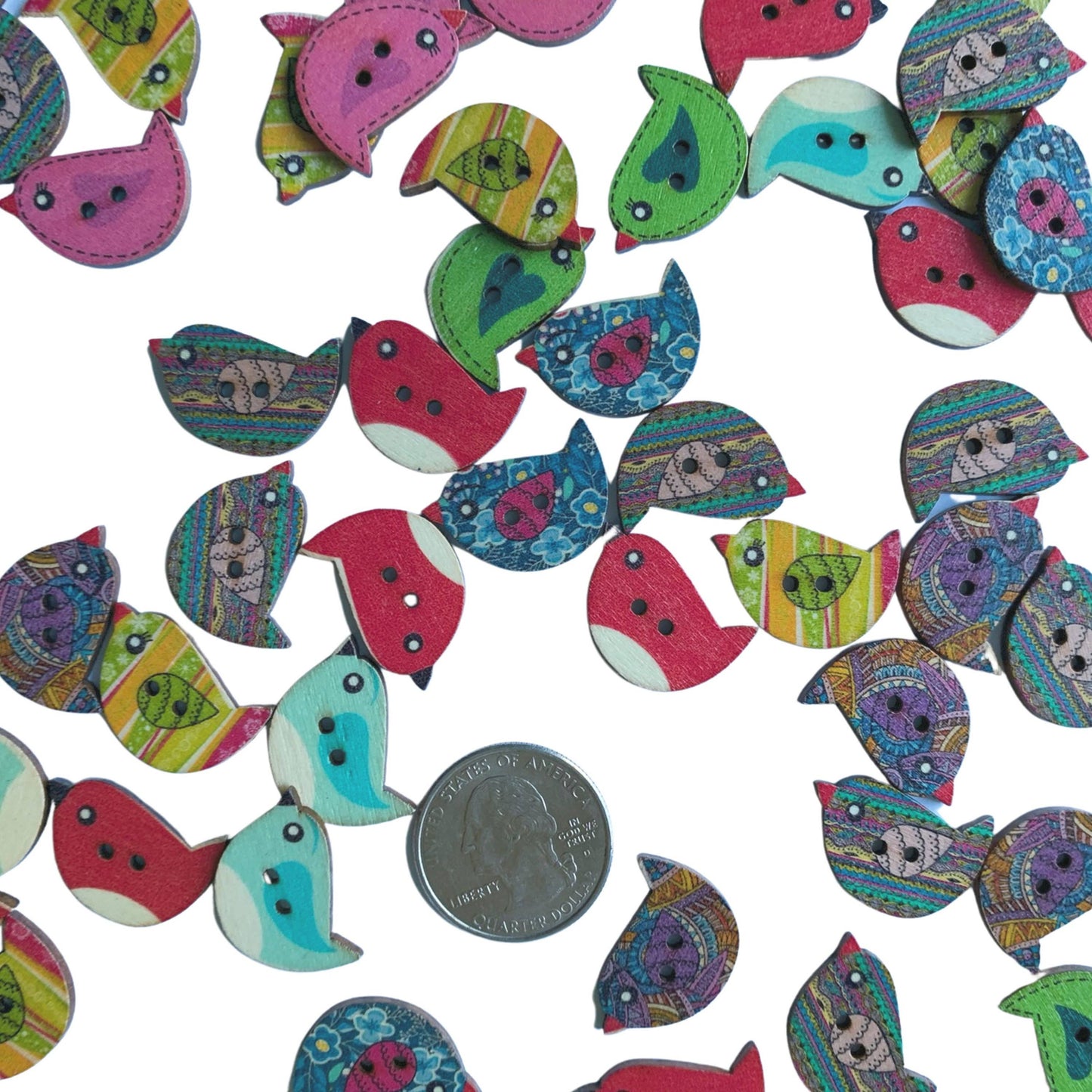 Colorful Random Mix Of Wooden Bird Buttons - Bird Buttons, W
