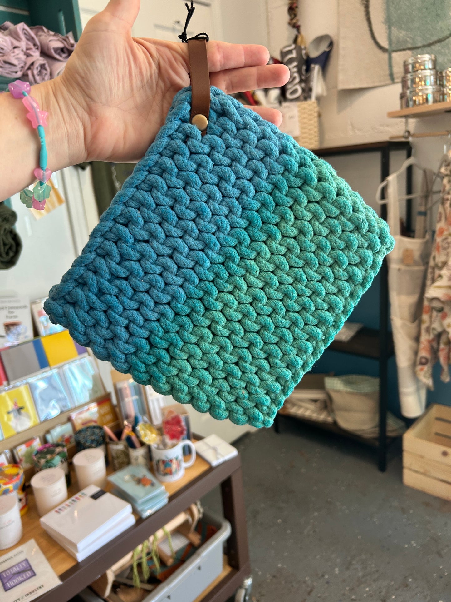 Cotton Pot Holder with Leather Loop