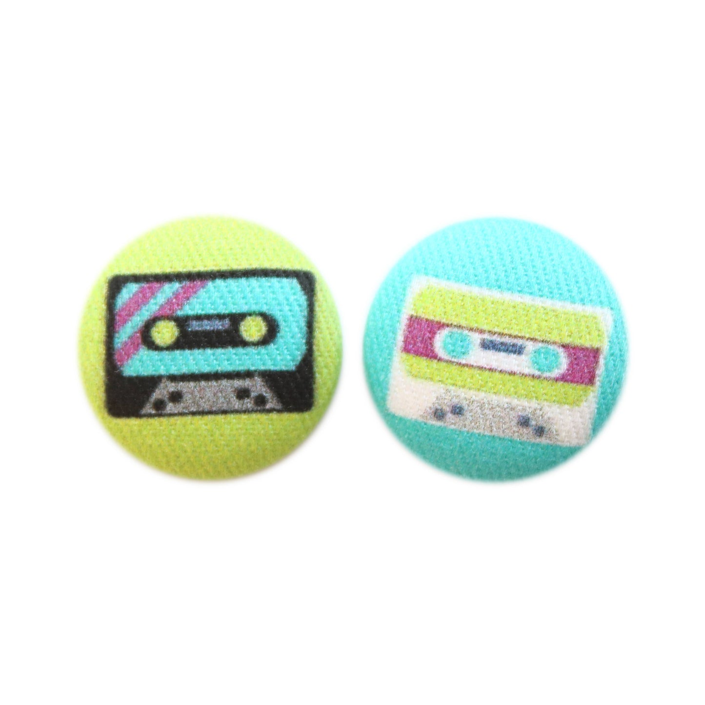 Bold 7/8 Inch Cassette Mix Tape Fabric Button Earrings