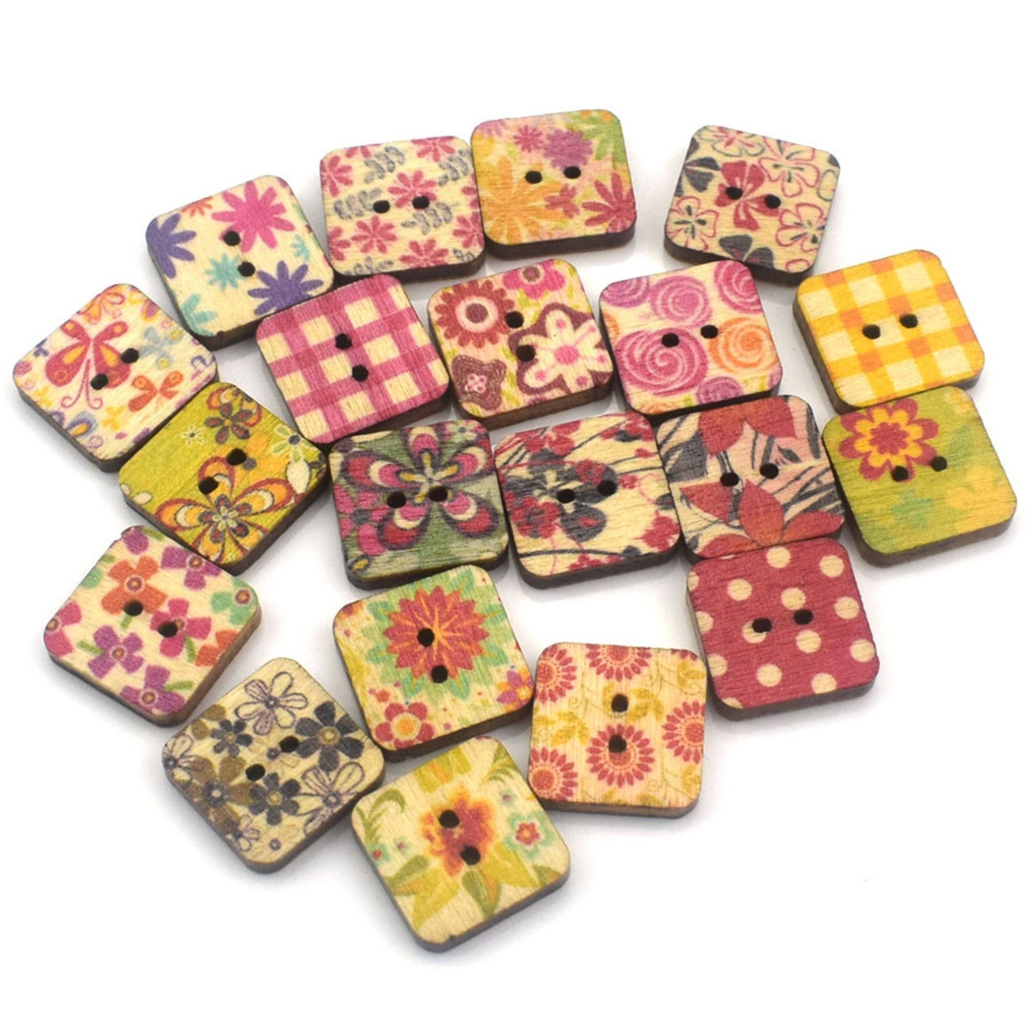 Mix Of Colorful Square Buttons, Wooden Square Floral Buttons