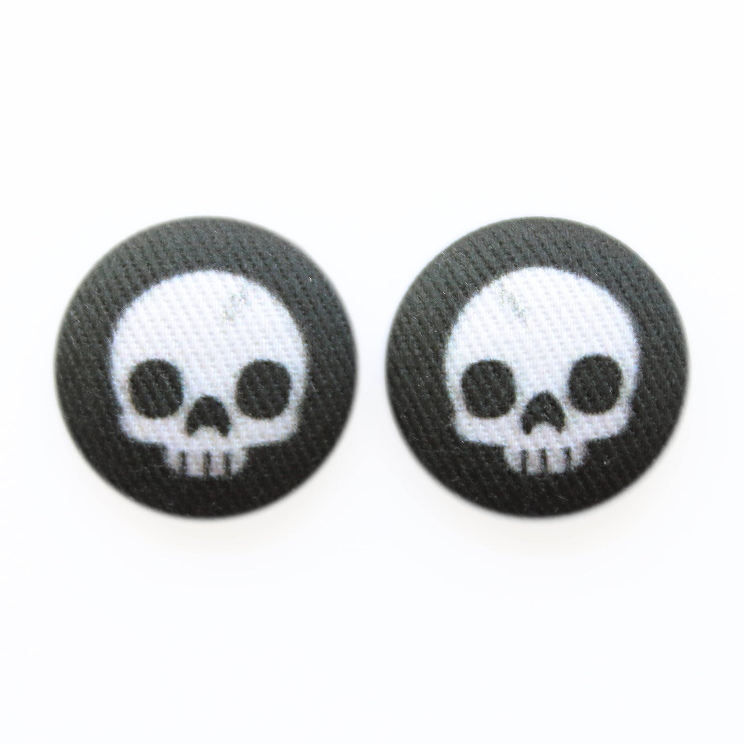 Bold 7/8 Inch Cute Skull on Black Fabric Button Earrings