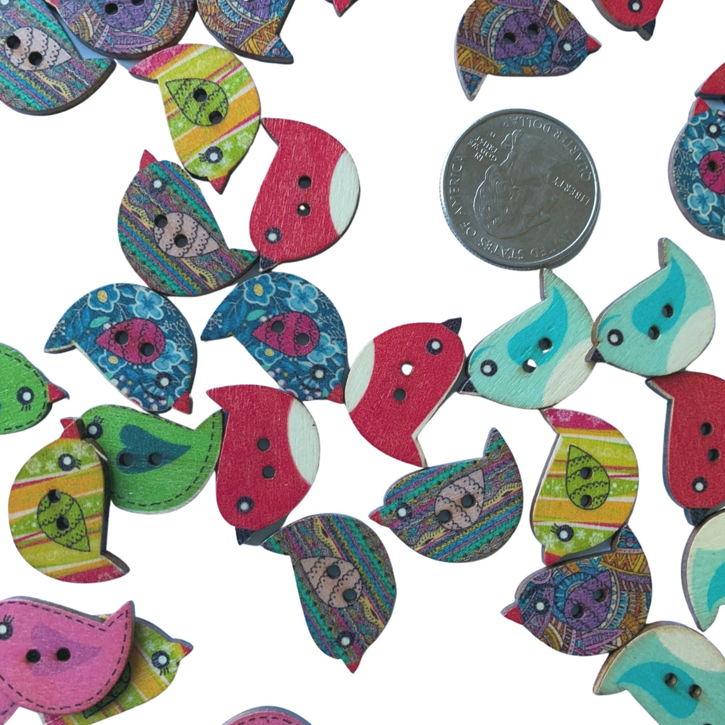 Colorful Random Mix Of Wooden Bird Buttons - Bird Buttons, W