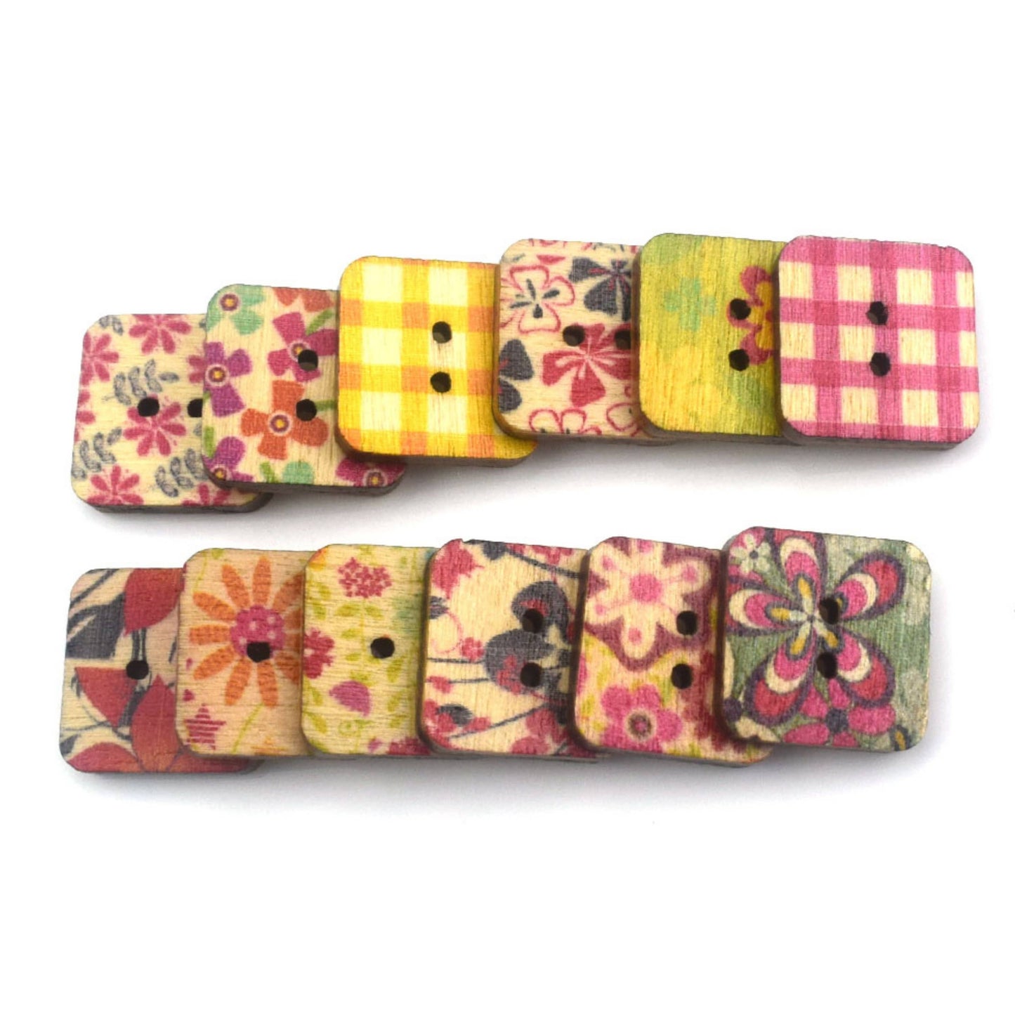 Mix Of Colorful Square Buttons, Wooden Square Floral Buttons