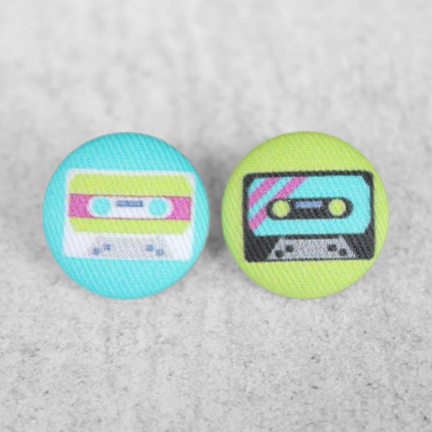 Bold 7/8 Inch Cassette Mix Tape Fabric Button Earrings