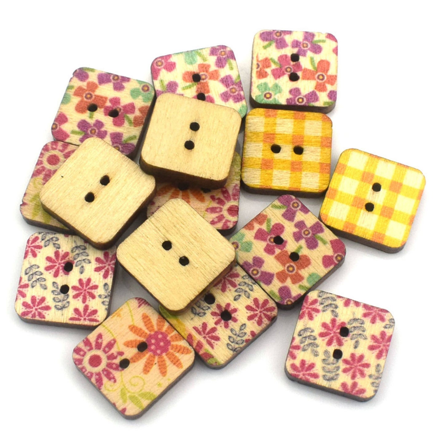 Mix Of Colorful Square Buttons, Wooden Square Floral Buttons