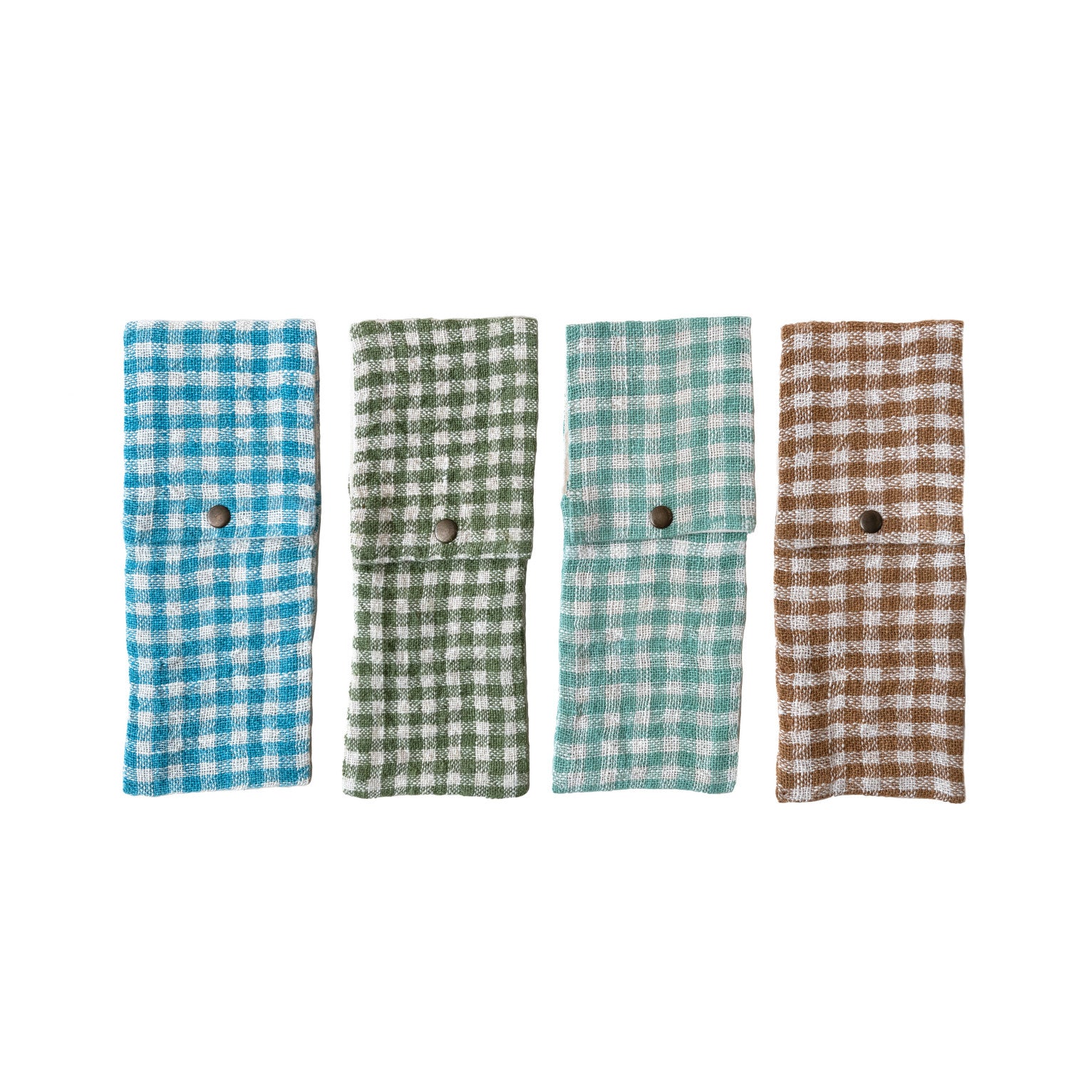 Woven Linen & Cotton Cutlery Sleeve w/ Snap Closure & Gingham Pattern, 4 Colors