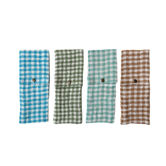 Woven Linen & Cotton Cutlery Sleeve w/ Snap Closure & Gingham Pattern, 4 Colors