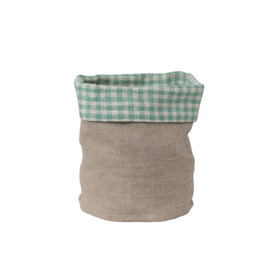Hand-Woven Linen Bread Basket w/ Aqua Gingham Lining