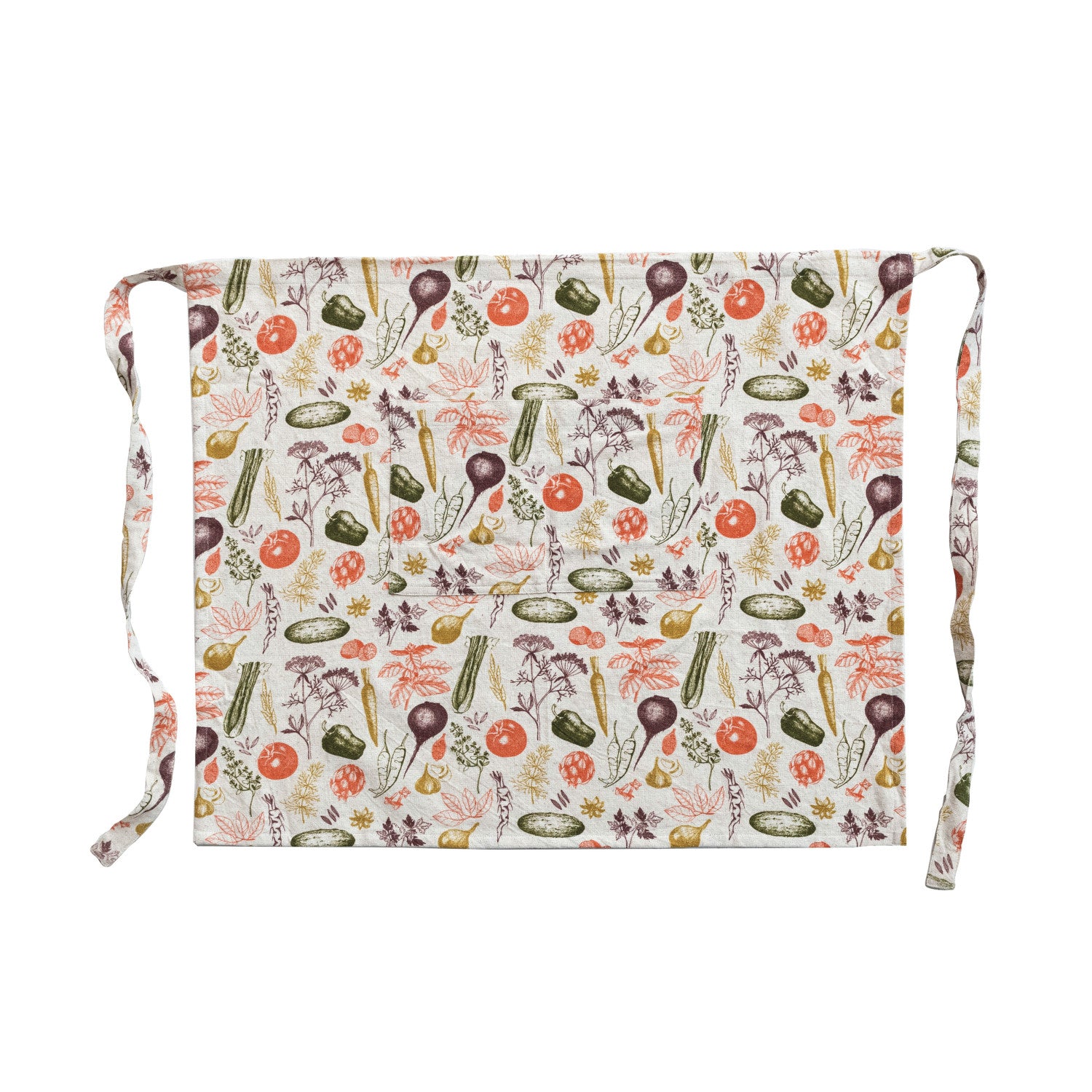Cotton & Linen Printed Half Apron w/ Vegetable Pattern & Pocket