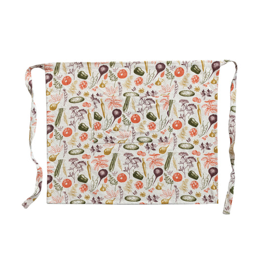 Cotton & Linen Printed Half Apron w/ Vegetable Pattern & Pocket