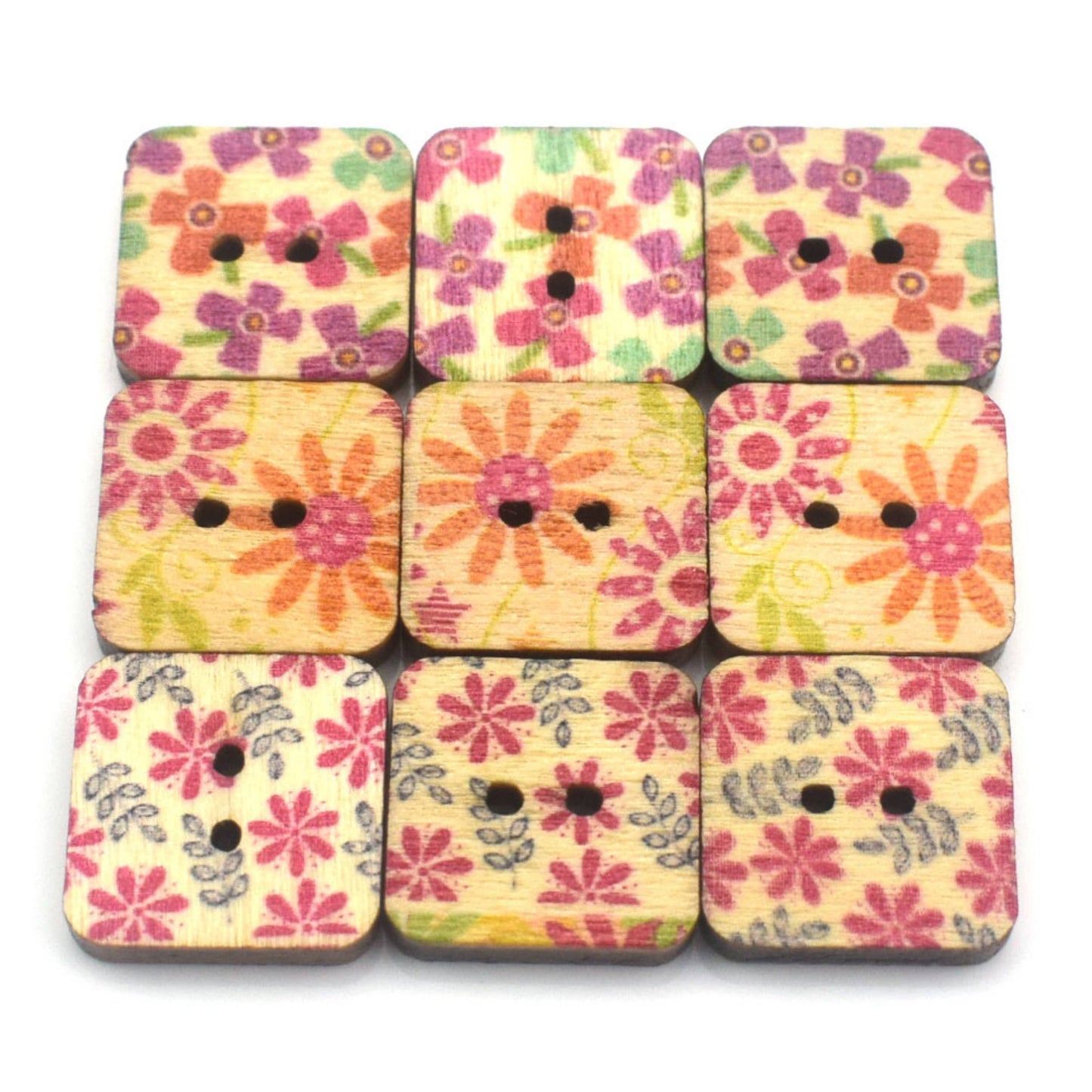 Mix Of Colorful Square Buttons, Wooden Square Floral Buttons
