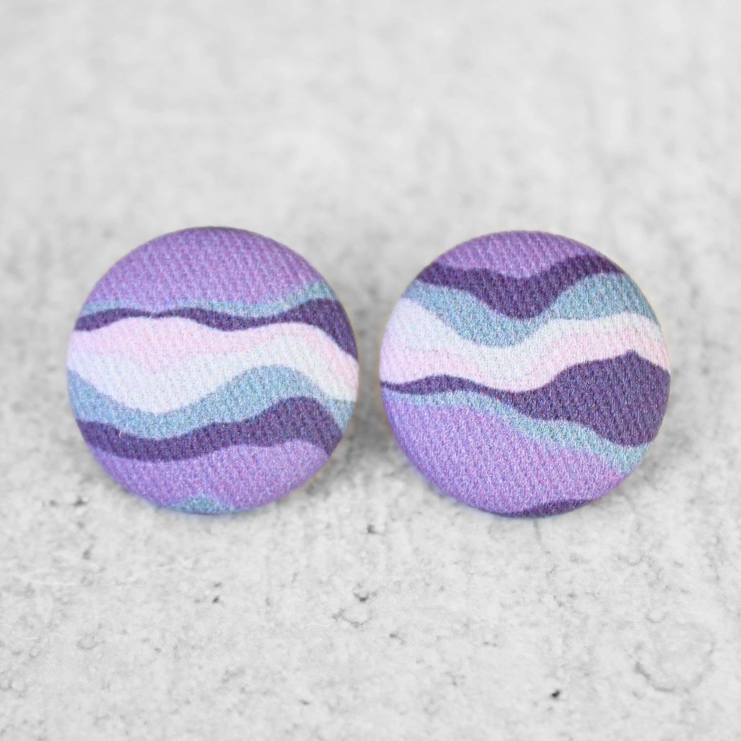 Bold 7/8 Inch Purple Waves Fabric Button Earrings