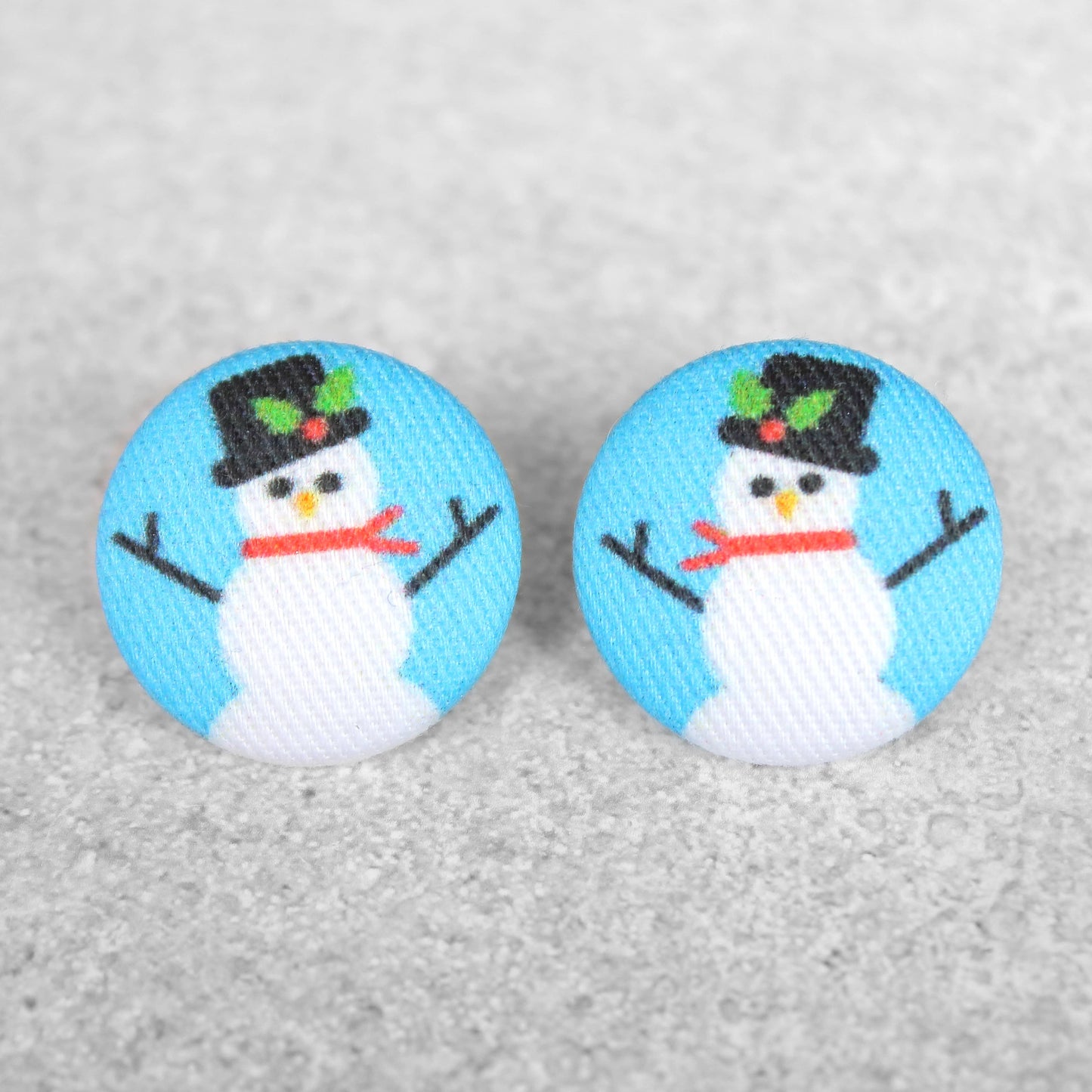 Bold 7/8 Inch Snowmen Fabric Button Earrings