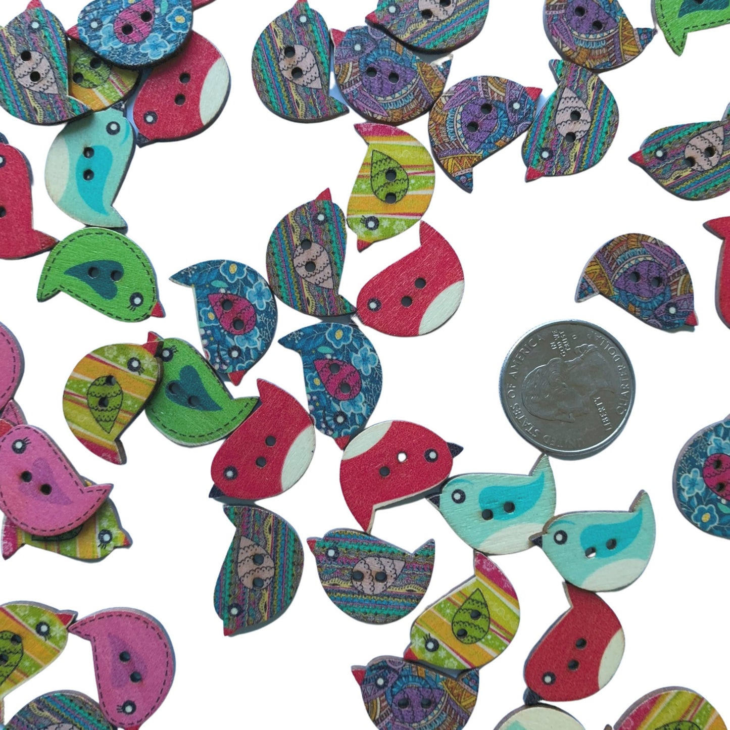 Colorful Random Mix Of Wooden Bird Buttons - Bird Buttons, W