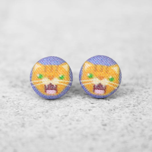 Screaming Orange Cat Fabric Button Earrings