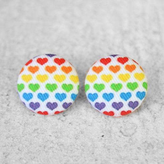 Bold 7/8 Inch Rainbow Hearts Fabric Button Earrings