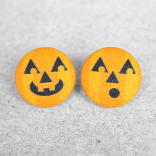 Bold 7/8 Inch Jack O Lantern Fabric Button Earrings