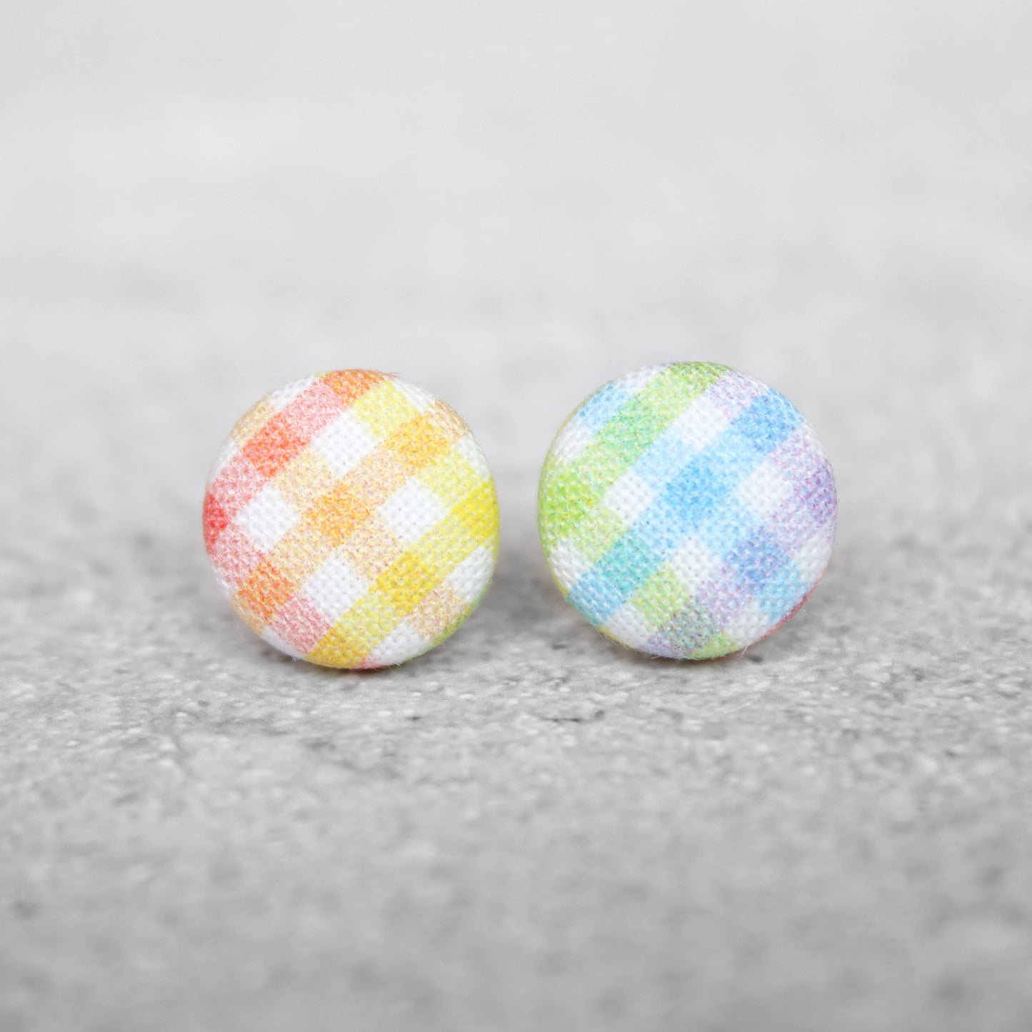 Rainbow Gingham Fabric Button Earrings