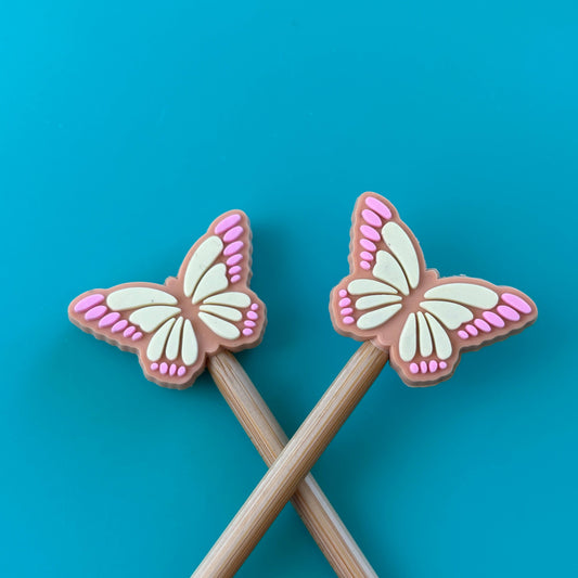 Knitting Needle Point Protectors - Pink Tan Butterfly Nature