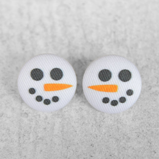 Bold 7/8 Inch Snow Man Face Fabric Button Earrings
