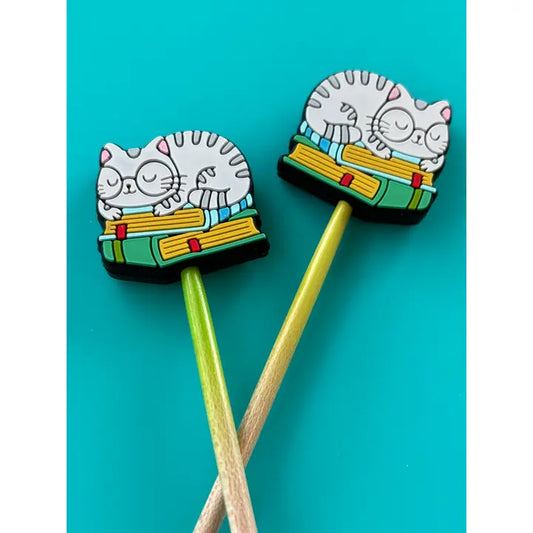 Knitting Needle Point Protectors Cat On Green Books Glasses