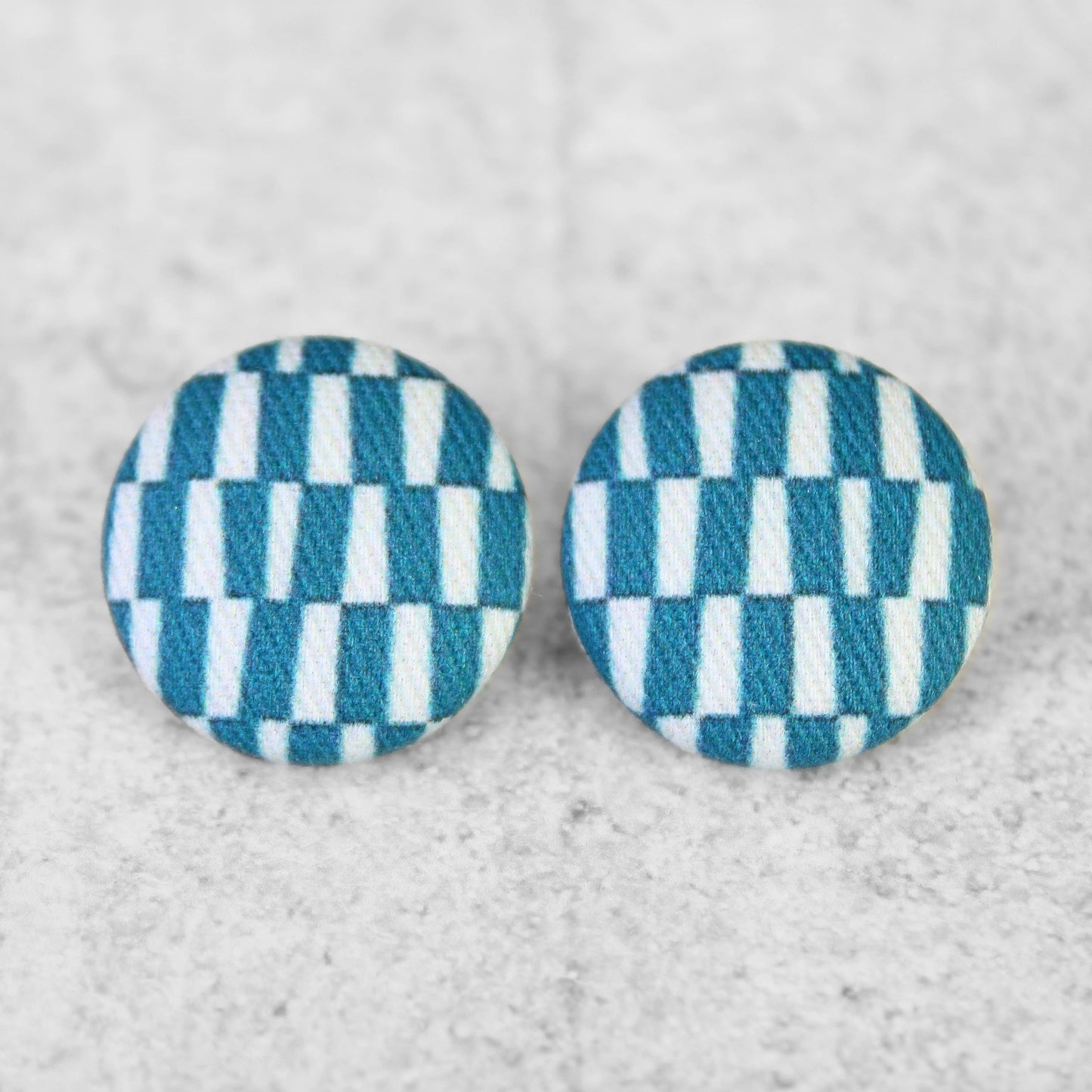 Bold 7/8 Inch Blue Rectangles Fabric Button Earrings