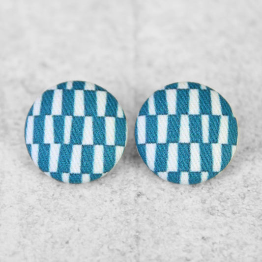 Bold 7/8 Inch Blue Rectangles Fabric Button Earrings