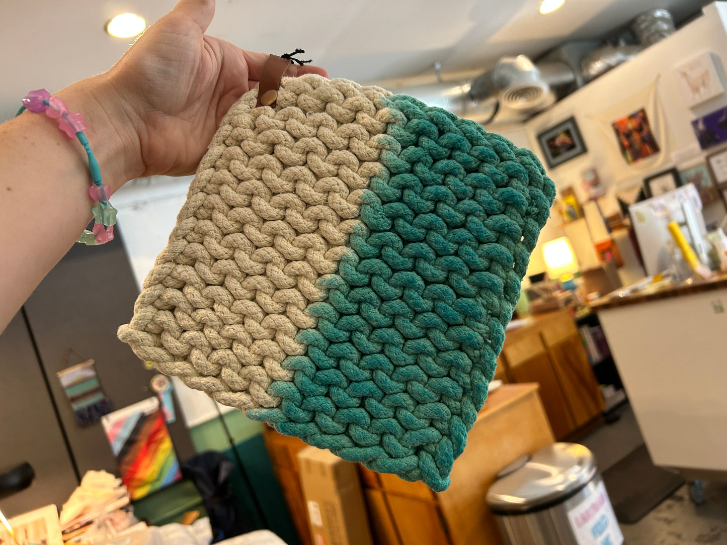 Cotton Pot Holder with Leather Loop