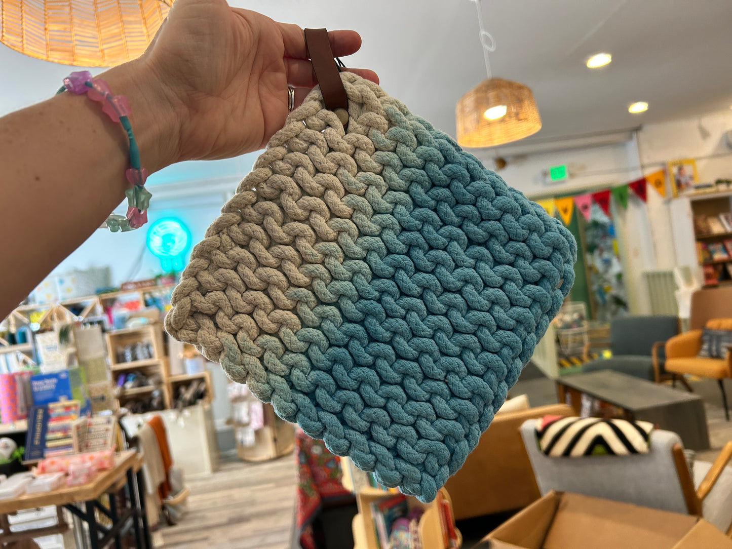 Cotton Pot Holder with Leather Loop