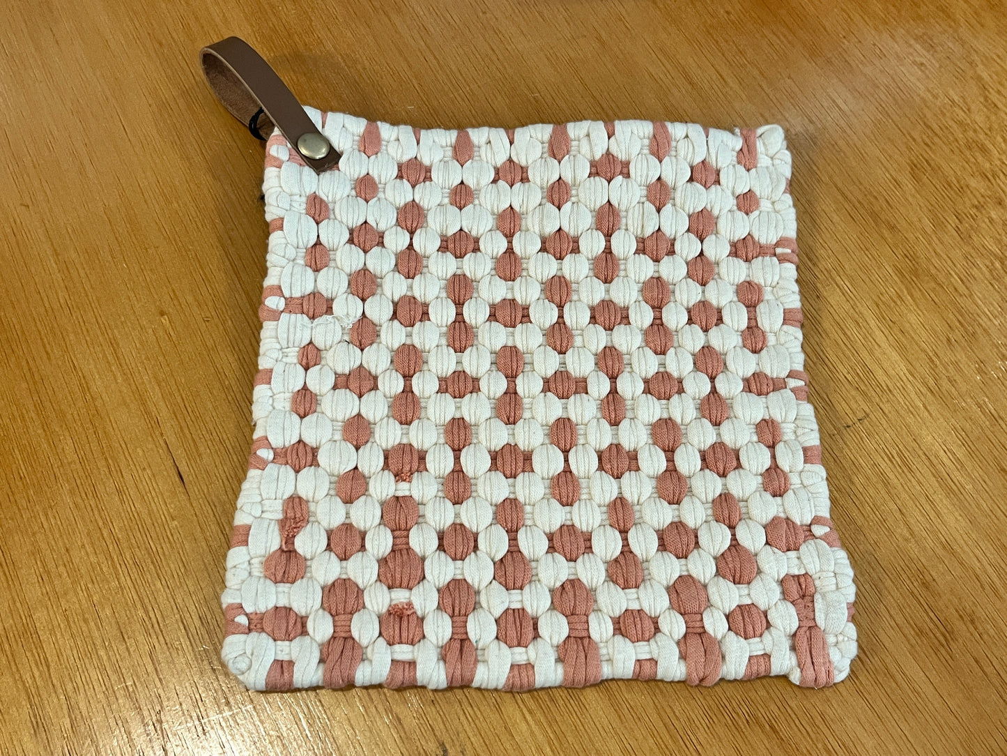 2 color woven pot holders, leather strap