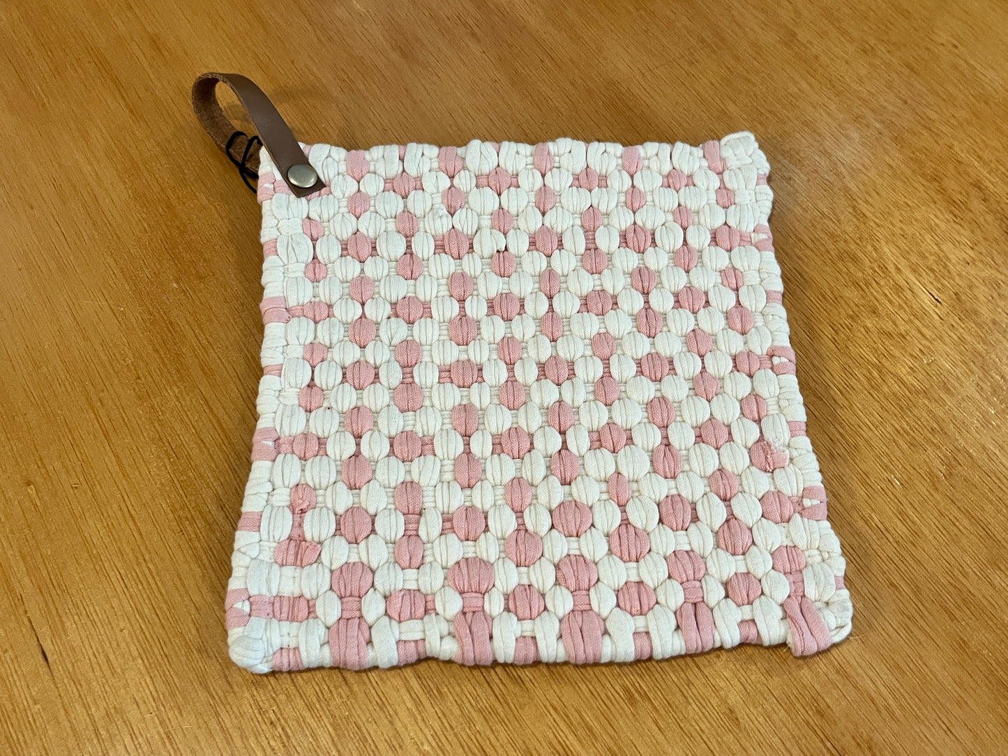 2 color woven pot holders, leather strap