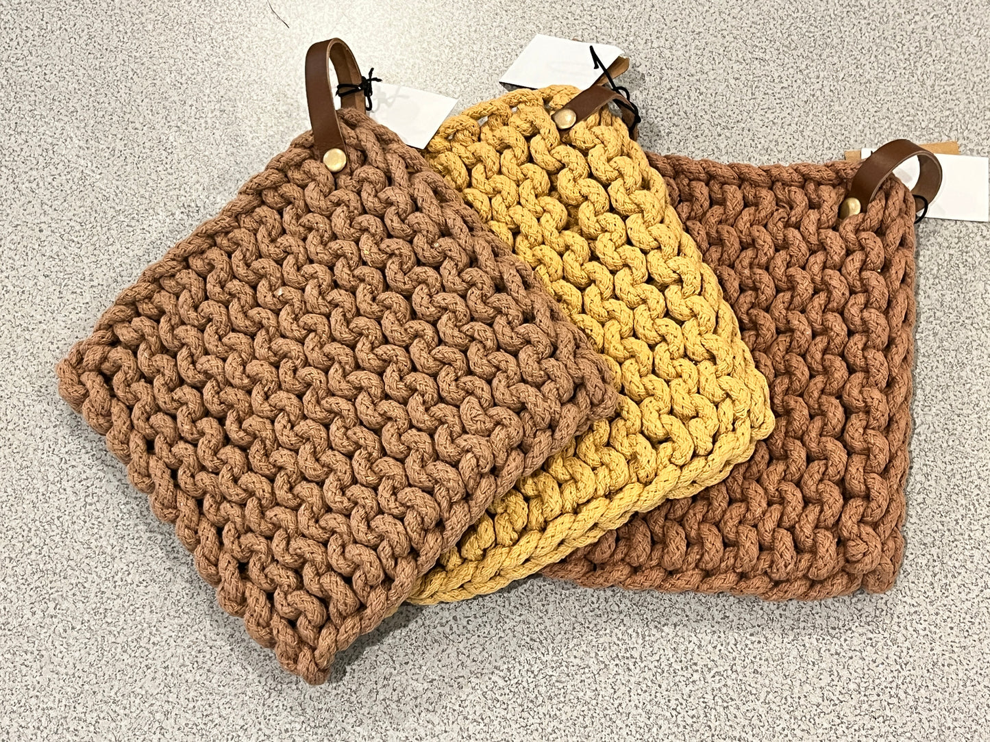 Cotton Crocheted Pot Holder w/ Leather Loop - fall