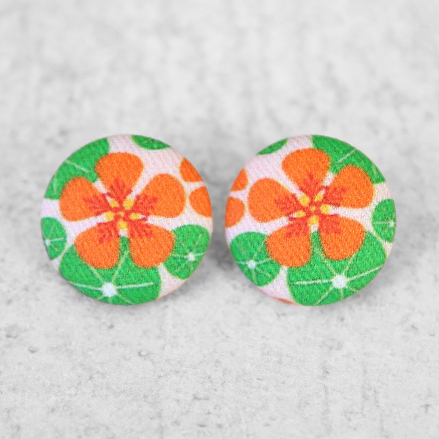 Bold 7/8 Inch Nasturtium  Fabric Button Earrings