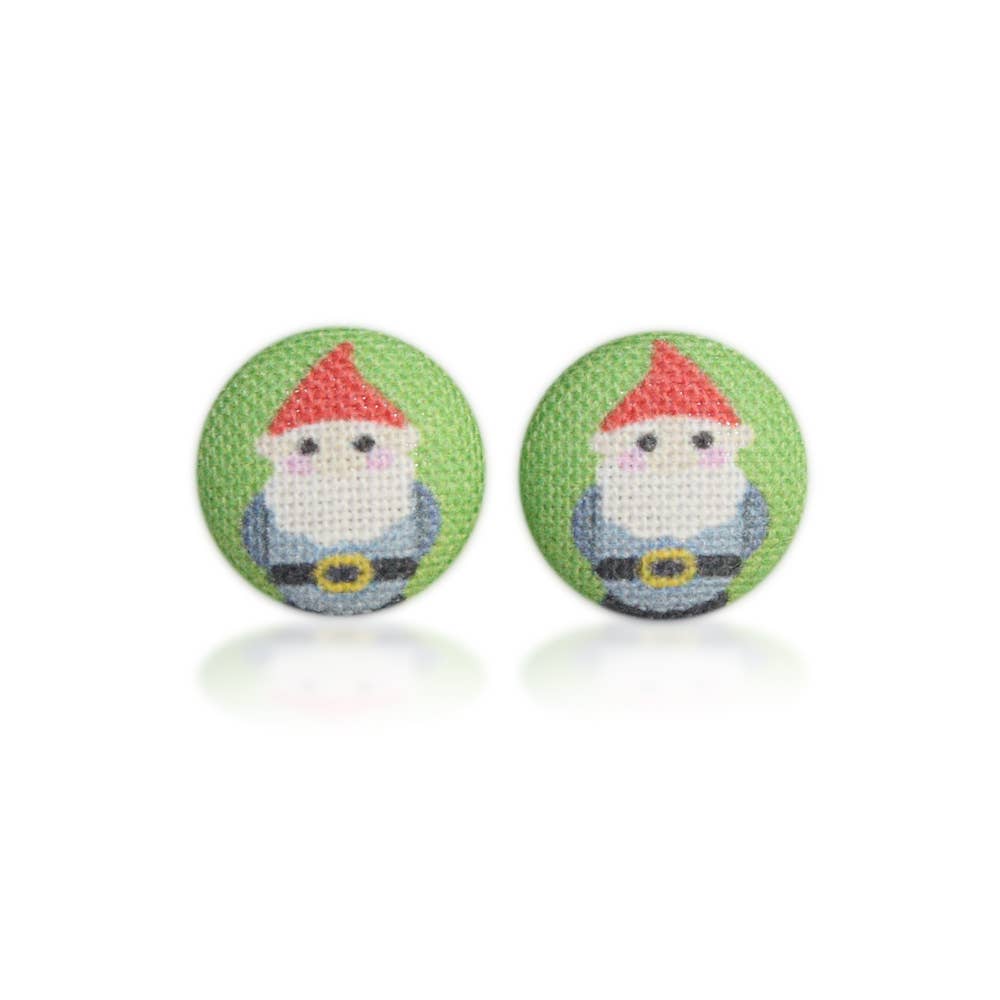 Lawn Gnome Fabric Button Earrings