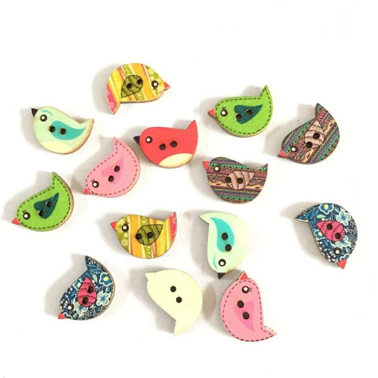 Colorful Random Mix Of Wooden Bird Buttons - Bird Buttons, W