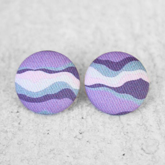 Bold 7/8 Inch Purple Waves Fabric Button Earrings